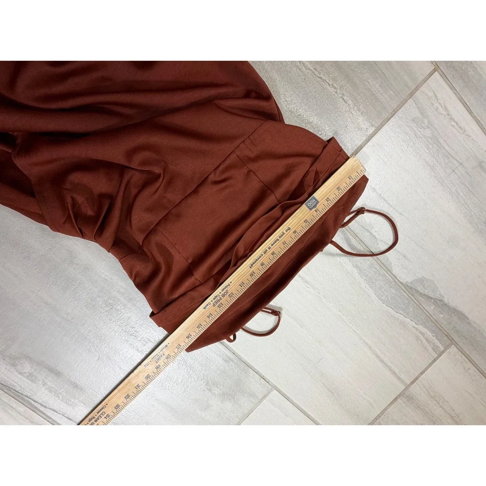 Sadie & Sage Luxe Rust Brown Satin Pleated Wrap Tulip Hem Mini Dress